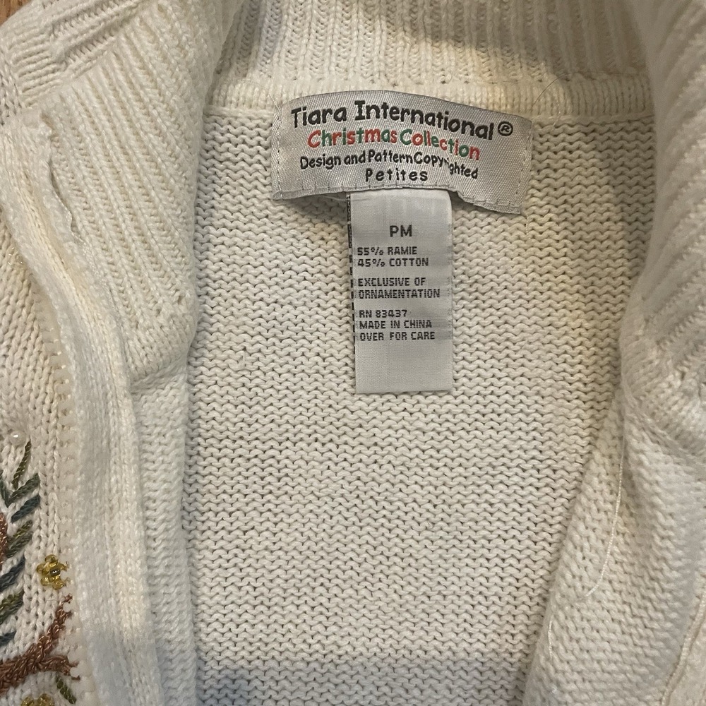 Tiara International Sweater Jacket Women M P  Ivory Cotton Knit‎ Sequin Full-Zip - Picture 10 of 11